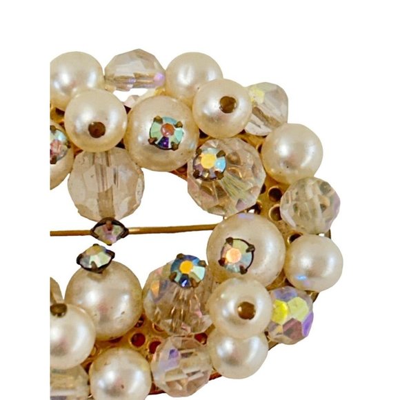 Vintage Brooch Aurora Borealis Beads Faux Pearls Oval 2" - Picture 2 of 6